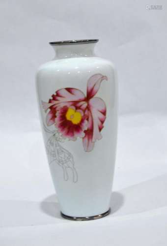 Fine Japanese Silver Cloisonne White Vase w Flower