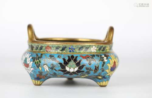 Chinese Cloisonne Tripod Incense Burner w Handles