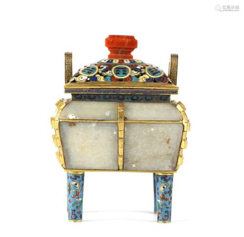 Fine Chinese Cloisonne & Jade Covered Censer