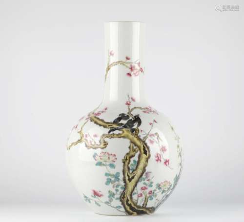 Chinese Famille Rose Bottle Vase w Birds