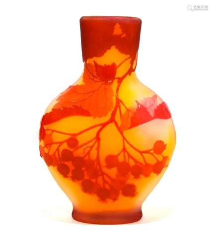 Galle Yellow Ground Red Berry Art Glass Vase