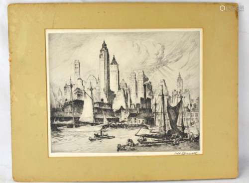 Nat Lowell " Manhattan Towers" Drypoint Etching