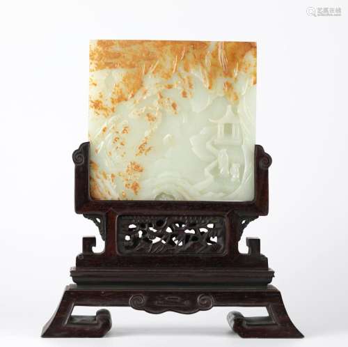 Chinese Jade Plaque on Wood Stand Table Screen