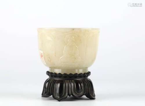 Chinese Buddhist Jade Bowl on Wood Base