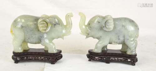 Pr Chinese Carved Jade Elephants on Wood Stand