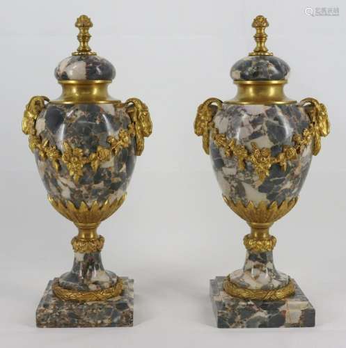 A Fine Antique Pair of Bronze Mounted Marble Urns.