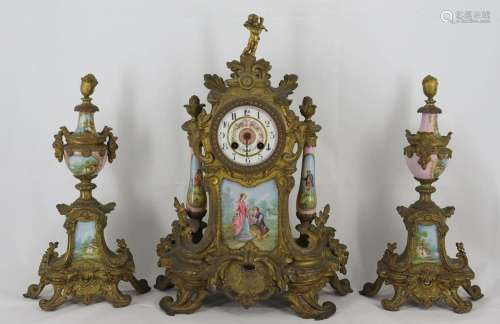 Antique Bronze Clock Garniture Set With