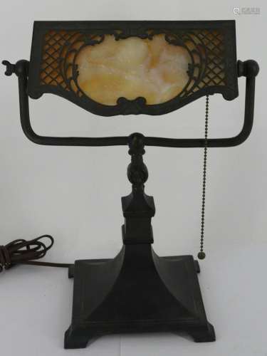 Arts & Crafts Patinated Metal Slag Glass Desk Lamp