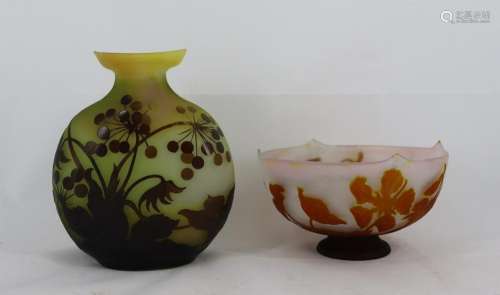 GALLE Signed Cameo Art Glass Vase & Bowl.
