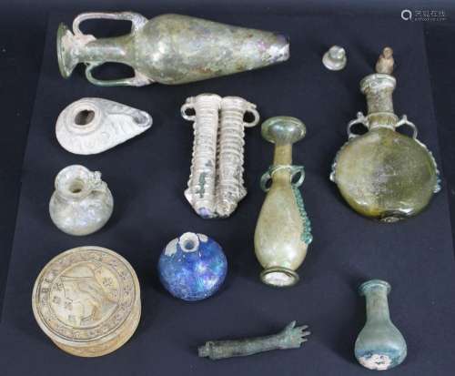 Ancient Roman (?) Glass & Bronze Grouping 12 Pcs