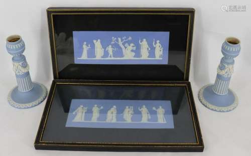 Pair Framed Wedgwood Plaques & Pr of Candlesticks