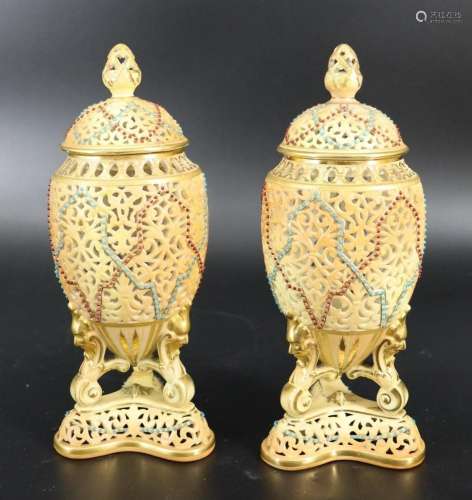 Pair Royal Worcester Jewel Pierced Lidded Urns
