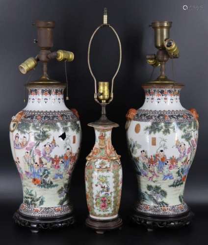 (3) Chinese Enamel Decorated Vases as Lamps.