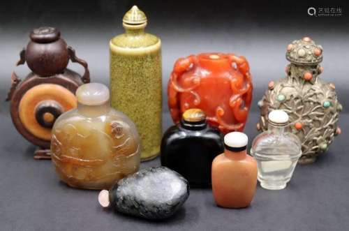 Collection of (9) Snuff Bottles and Carved Objects