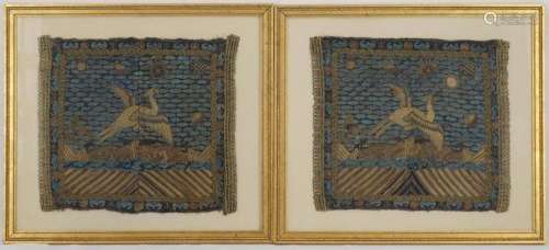 Pair of Framed Chinese Crane Embroidered Rank