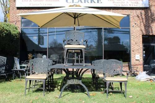 Vintage Patinated Iron Table, 12 Chairs & Umbrella