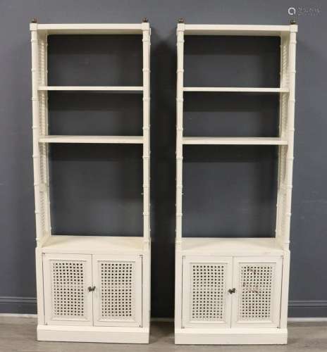 A Midcentury Pair of Bamboo Form Etagere/Cabinets