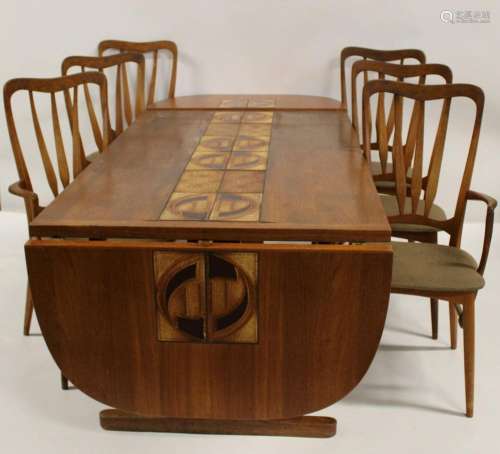 Midcentury Teak Table With Tile Inserts & 6 Chairs