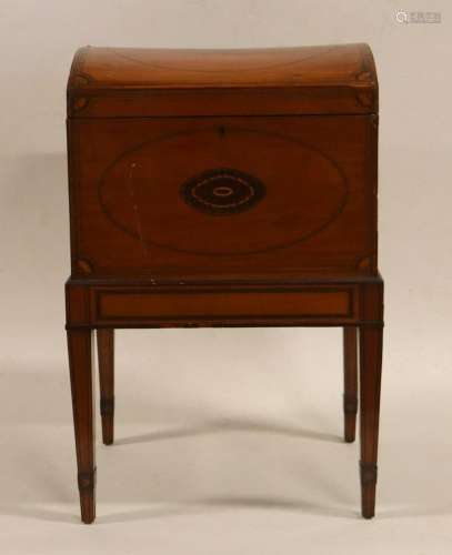 Antique Inlaid Satinwood Dome Top Trunk On Stand.