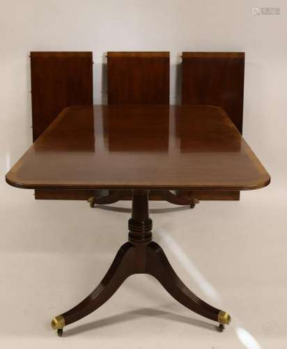 BAKER Mahogany Banded Table, Leaves & 6 Chairs.