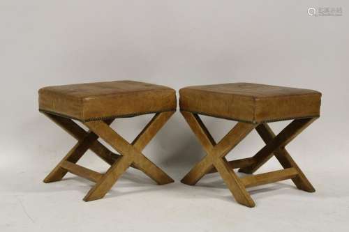 A Vintage Pair of Leather Benches.