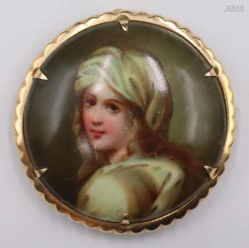 JEWELRY. 14k Gold Mounted Painted Porcelain Plaque