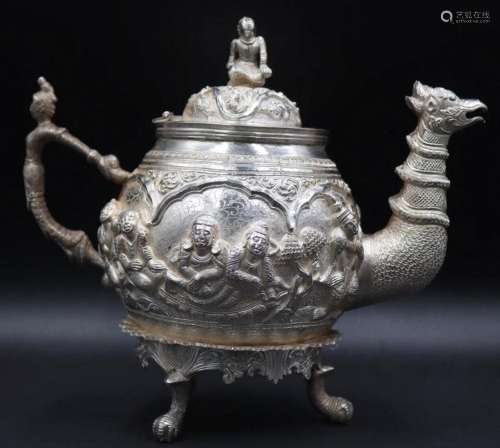 SILVER. Asian Silver Figural Repousse Teapot.