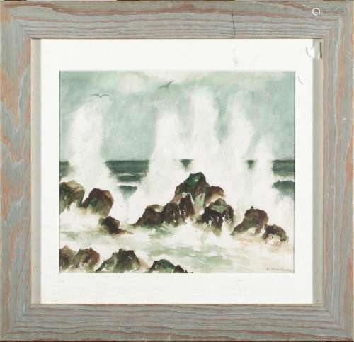Watercolor, Waves on a Rocky Coast