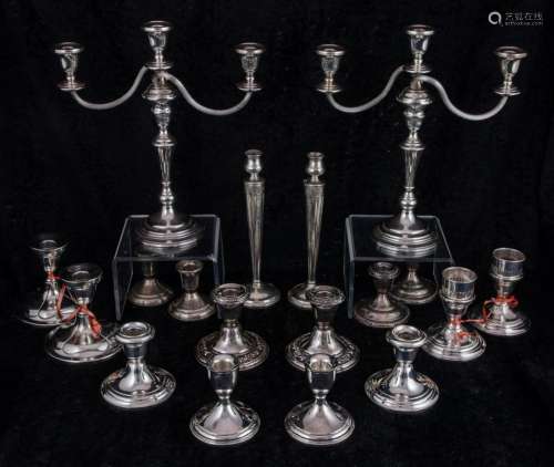 (Lot of 18) Mostly sterling weighted candlesticks: a Mexican...