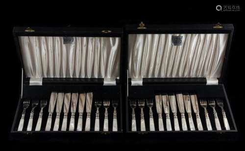 (Lot of 24) English mother of pearl handled EPNS and sterlin...