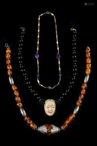 (Lot of 3) Bead necklaces: a Japanese black bead strand cent...
