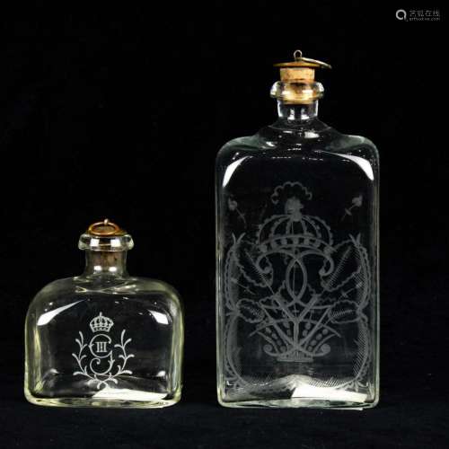 (Lot of 2) Gustav III style engraved glass decanters, 19th c...