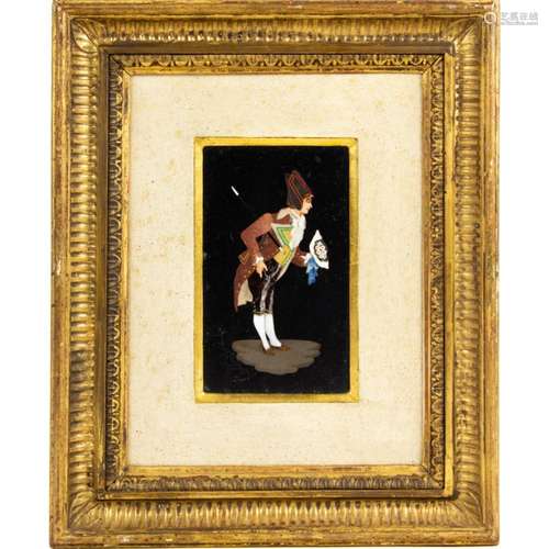 Italian pietra dura specimen plaque of a gallant in giltwood...