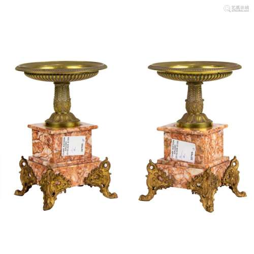 A pair of French gilt metal, bronze and marble tazzas