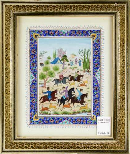 Persian inlaid mosaic frame with hunt scene in painted matt