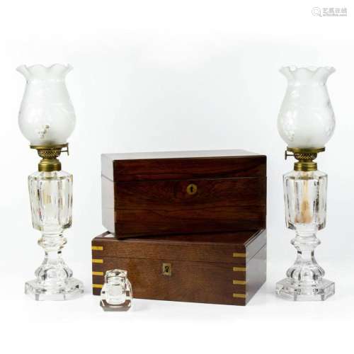(Lot of 5) Assembled group including tea caddy and oil lamps