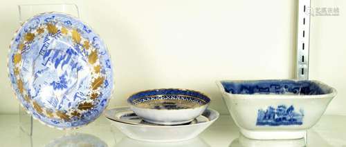 (Lot of 5) English Blue Willow blue transferware dishes, 19t...