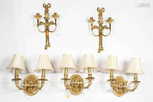 (Lot of 5) Two sets of two-light wall sconces