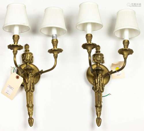 Pair of Louis XVI style brass two-light sconces