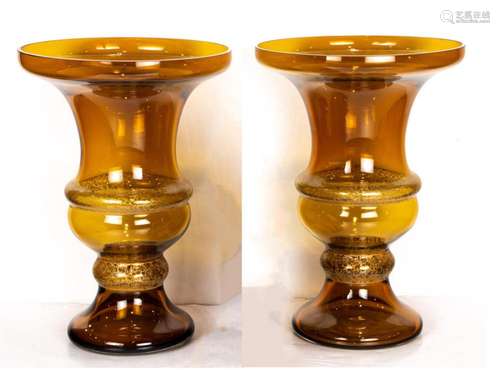 A pair of Polish Bombay amber glass gilt decorated campana f...