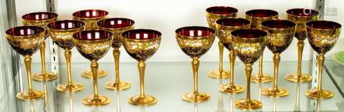 (Lot of 15) Continental enameled and gilt ruby glass stemwar...