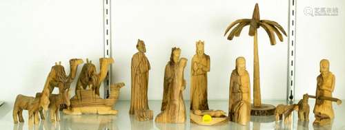 Folk Art carved olive wood nativity set