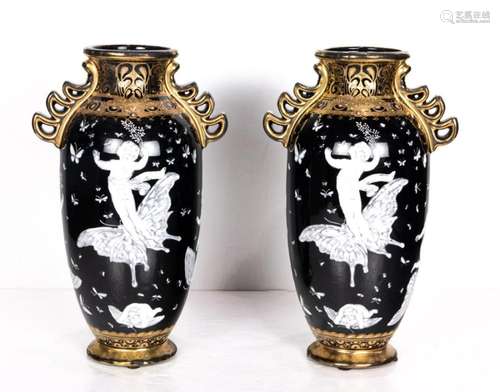 Pair of Minton style enamel decorated ceramic urns