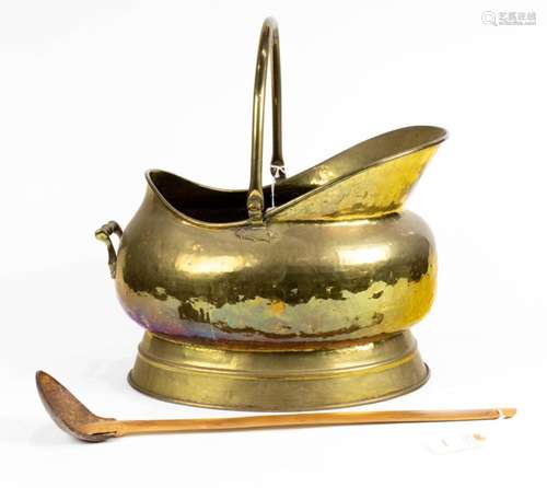 (Lot of 2) Hammered brass coal scuttle and a coconut and bam...