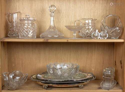 Two shelves of mostly cut glass table articles, including Br...