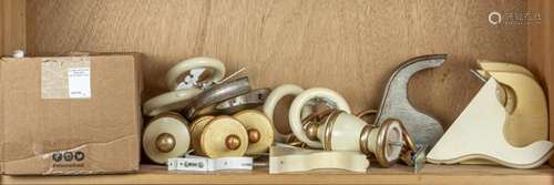 Shelf of polychrome gilt polychrome wood urn finials, curtai...