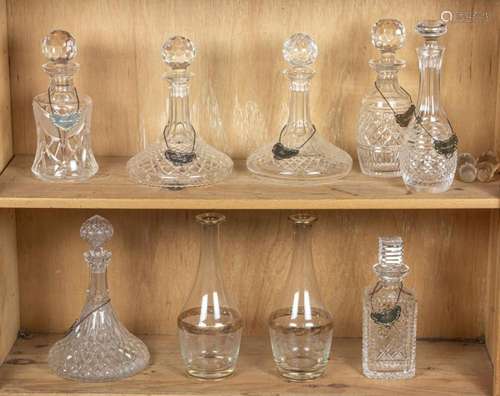 (Lot of 9) Cut glass decanters:, including (5) Waterford bot...