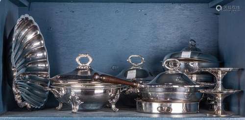 Shelf of silverplate hollow ware items: a chafing dish, pair...