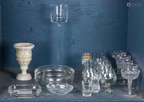 Shelf lot of mostly glassware including (5) Libbey cut glass...