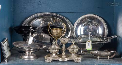 Shelf lot of mostly silverplate, including (2) Skeet Shootin...